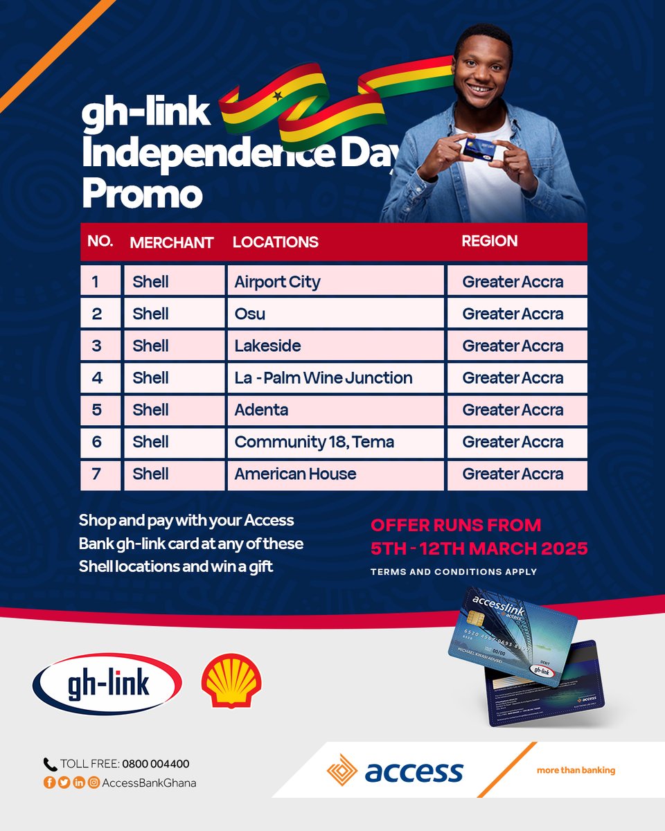 AccessBankGhana's tweet photo. Want to win a gift?
Then feel free to shop and pay with your Access Bank gh-Link card from any of these selected Shell locations.

 Simply pay, and win! 💳

Offer runs until 12th March, 2025.

#AccessBankGhana
#MoreThanBanking
#GhLinkCard https://t.co/9ik0RaEwC6