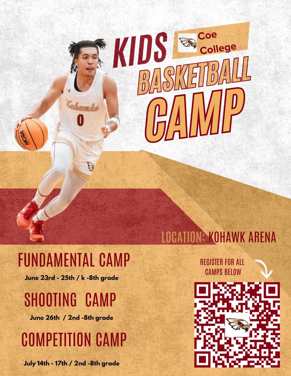 Camp time is almost here! 
Join our team and coaching staff this summer as we host 3 different camps! K-8th grade opportunities, and a lot of fun. Don’t miss out!
To register, scan the QR code or click this link: mensbasketball.coecamps.com.