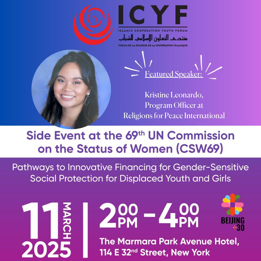 religions4peace's tweet photo. Happening tomorrow! On the sidelines of #CSW6 RfP Program Officer Kristine Leonardo will speak on a panel at an official side event hosted by @ICYF_Official. Join tomorrow for an enlightening discussion on financing gender-sensitive social protection for displaced youth & girls. https://t.co/2Sybk16S0d