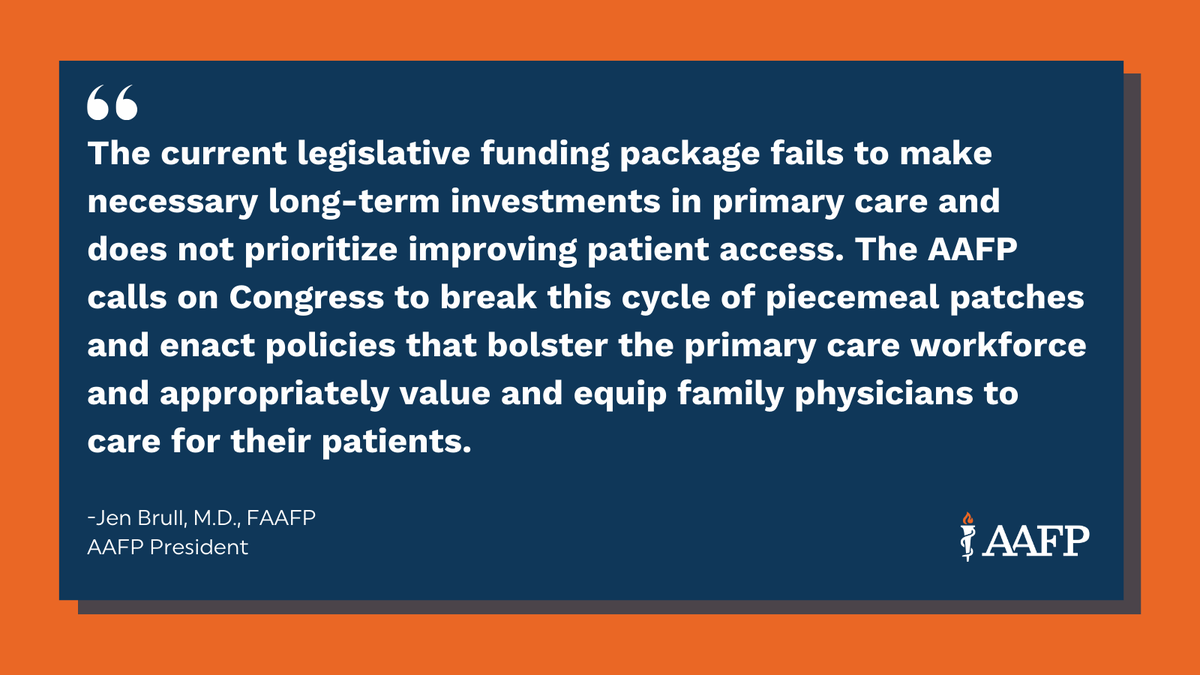 Congress must put primary care at the forefront and pass legislation that addresses cuts to #Medicare payment and permanent solutions that help attract and retain physicians in rural and medically underserved communities. Read <a href="/aafp/">AAFP</a>'s full statement on the legislative funding