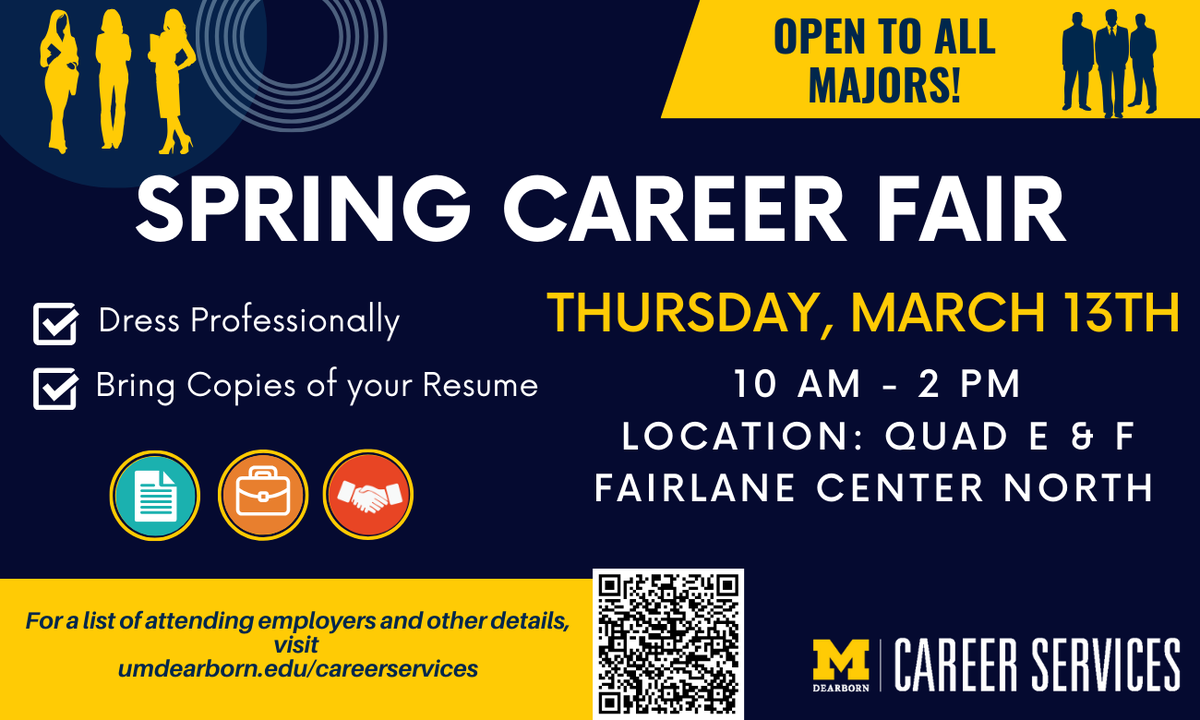 UMDearborn_CS's tweet photo. Mark your calendars for the Spring Career Fair happening this Thursday- 13th March, 2025, from 10am to 2pm!

- Dress professionally
- Carry copies of your resume 

For the list of employers, visit our website or scan the QR code! https://t.co/VYbZNTiMpQ