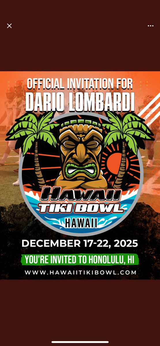 Extremely honored and blessed to receive an invitation to the Hawaii Tiki Bowl!
<a href="/CoachGeis/">Mark Geis</a> <a href="/TheLifeOfAMonte/">The Monte Life</a> <a href="/JoeyBrowning55/">Joey Browning</a> <a href="/AkronEcho/">Akron Echo</a> 
<a href="/FederalLeagueOH/">Federal League</a>