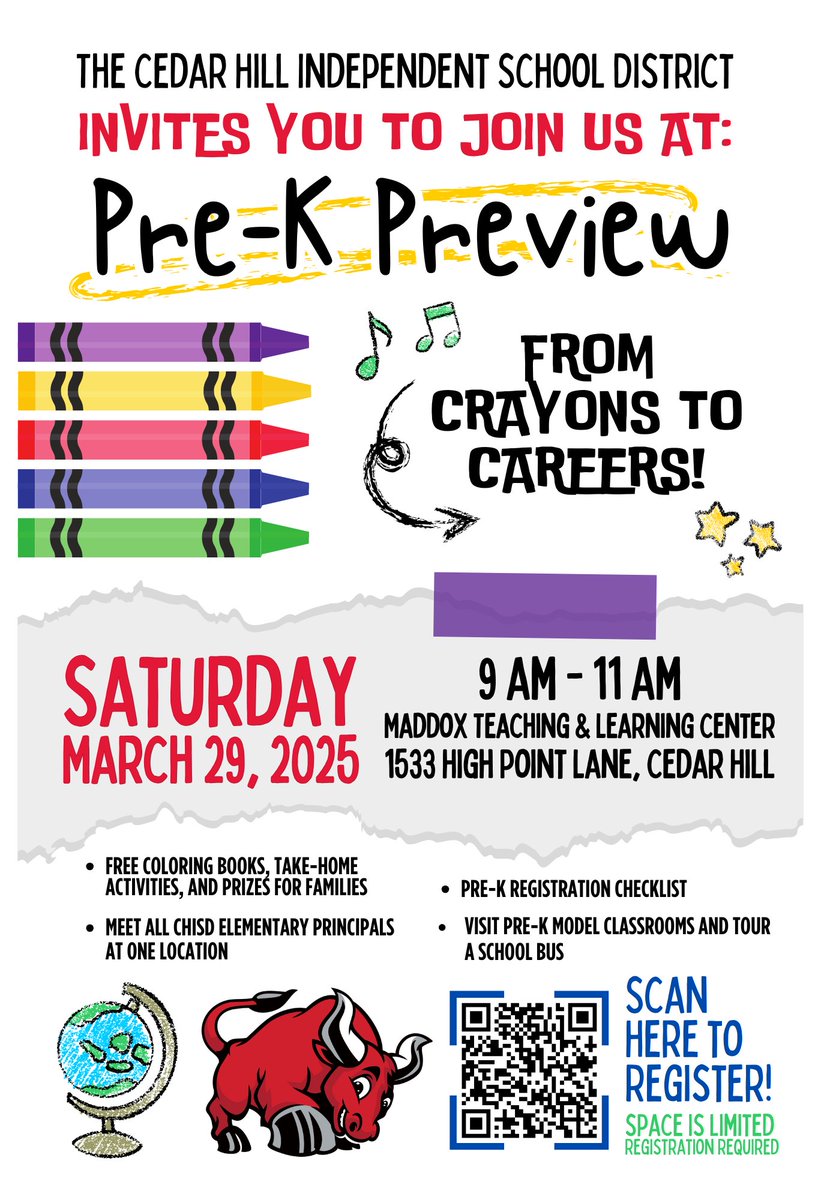 From Crayon To Careers, Cedar Hill ISD will host the Pre-K Preview on Saturday, March 29, 2025!