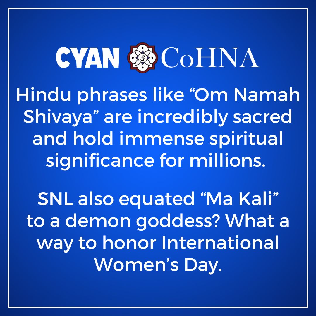 CoHNAOfficial's tweet image. The recent @nbcsnl sketch mocking Hinduism, from disrespecting sacred mantras to misrepresenting our deities, isn’t just bad comedy...it’s harmful.
These inaccurate depictions of Hindu deities and mantras perpetuate long-standing stereotypes that have fueled Hinduphobia and…