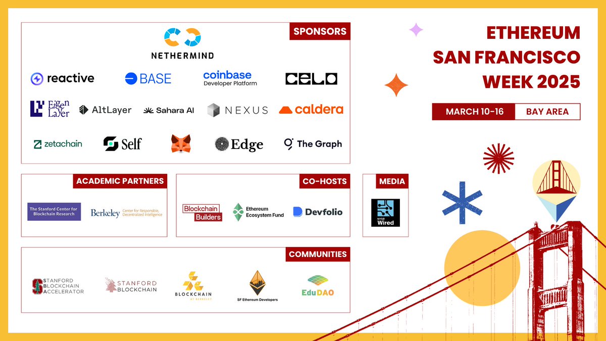 Welcome to Ethereum San Francisco Week 2025! 🎉 Proudly presenting our  Co-hosts, Sponsors, Academic Partners, Communities, and Media Partner who  make this event possible. Check out their X below & learn more! #