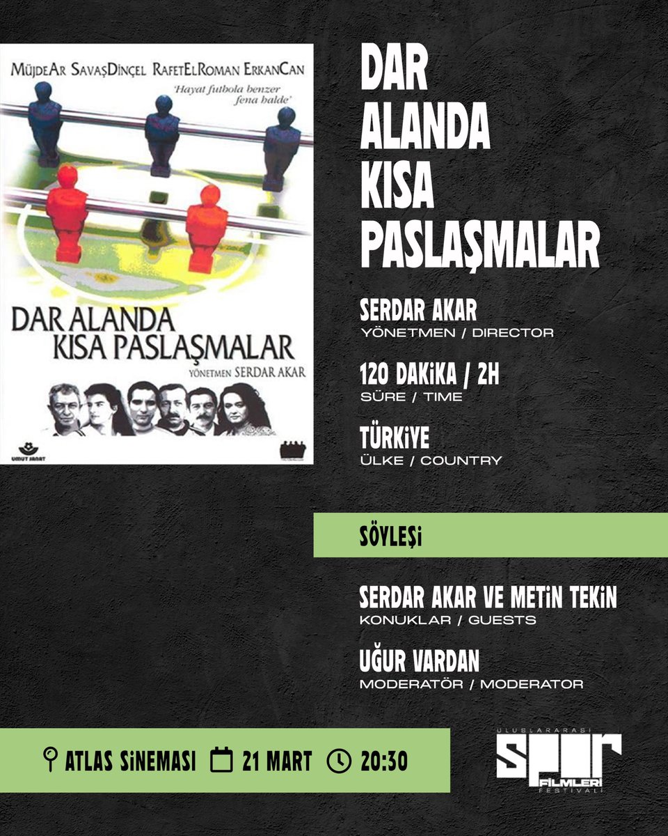 sportsfilmf's tweet photo. İstanbul Uluslararası Spor Filmleri Festivali’nde, sinemamızın unutulmaz yapımlarından “Dar Alanda Kısa Paslaşmalar”ın 25. yıl özel gösteriminde buluşuyoruz. 

Filmin ardından yönetmen Serdar Akar ve Metin Tekin, Uğur Vardan'ın moderatörlüğünde bir araya gelecek. 

Biletler için: https://t.co/LkzdVVnatQ