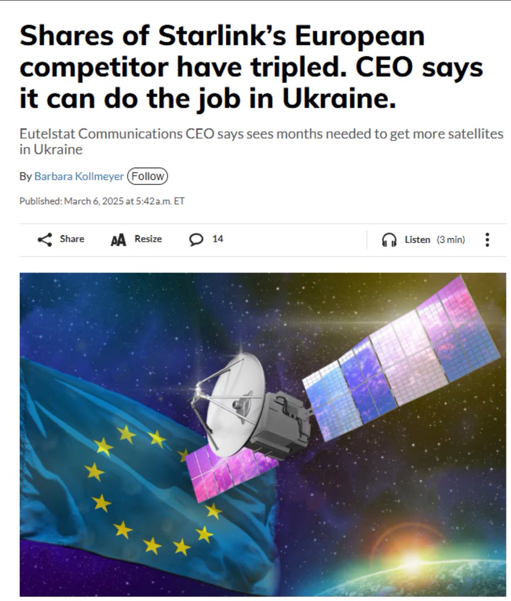 BREAKING: French satellite company Eutelsat is replacing Starlink and plans to send approximately 40,000 communication terminals to Ukraine. Their stock has rocketed 390% in the last 3 days as <a href="/Tesla/">Tesla</a> <a href="/Starlink/">Starlink</a> <a href="/SpaceX/">SpaceX</a> and <a href="/X/">X</a> continue their freefall.

LMFAO GET FUCKED <a href="/elonmusk/">Elon Musk</a>