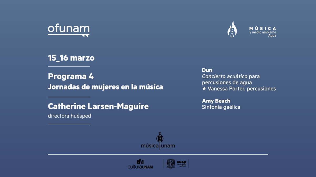 OFUNAM's tweet photo. OFUNAM Primera temporada 2025 • Programa 4

Enmarcado en las Jornadas de mujeres en la música, nuestro cuarto programa traza un puente entre tradiciones musicales antiguas con nuevos lenguajes sonoros a través de la conexión entre el ser humano y la naturaleza. Destacamos el “Concierto acuático” para percusiones de agua, compuesto por Tan Dun, donde el compositor explora la musicalidad del agua como instrumento solista.

Participan: Catherine Larsen-Maguire, directora huésped; Vanessa Porter, percusiones

15 y 16 marzo | Sala Nezahualcóyotl
Consulta cartelera: https://t.co/vFz18svMhm

#MúsicaUNAM #CulturaUNAM