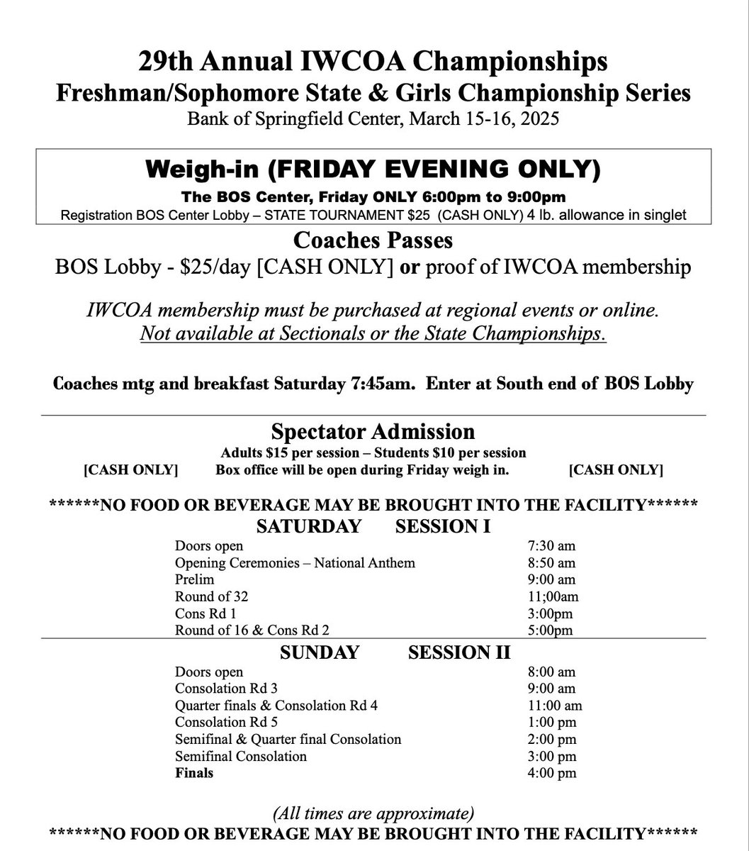 BRACKETS ARE UP on Trackwrestling.

WEIGH-INS are FRIDAY ONLY from 6-9pm at the BOS Center.  Friday is the only day competitors will weigh-in all weekend.

GIRLS - some sectionals didn’t have 5 wrestlers so you may be in a state bracket if you did not place top 5 @ your sectional