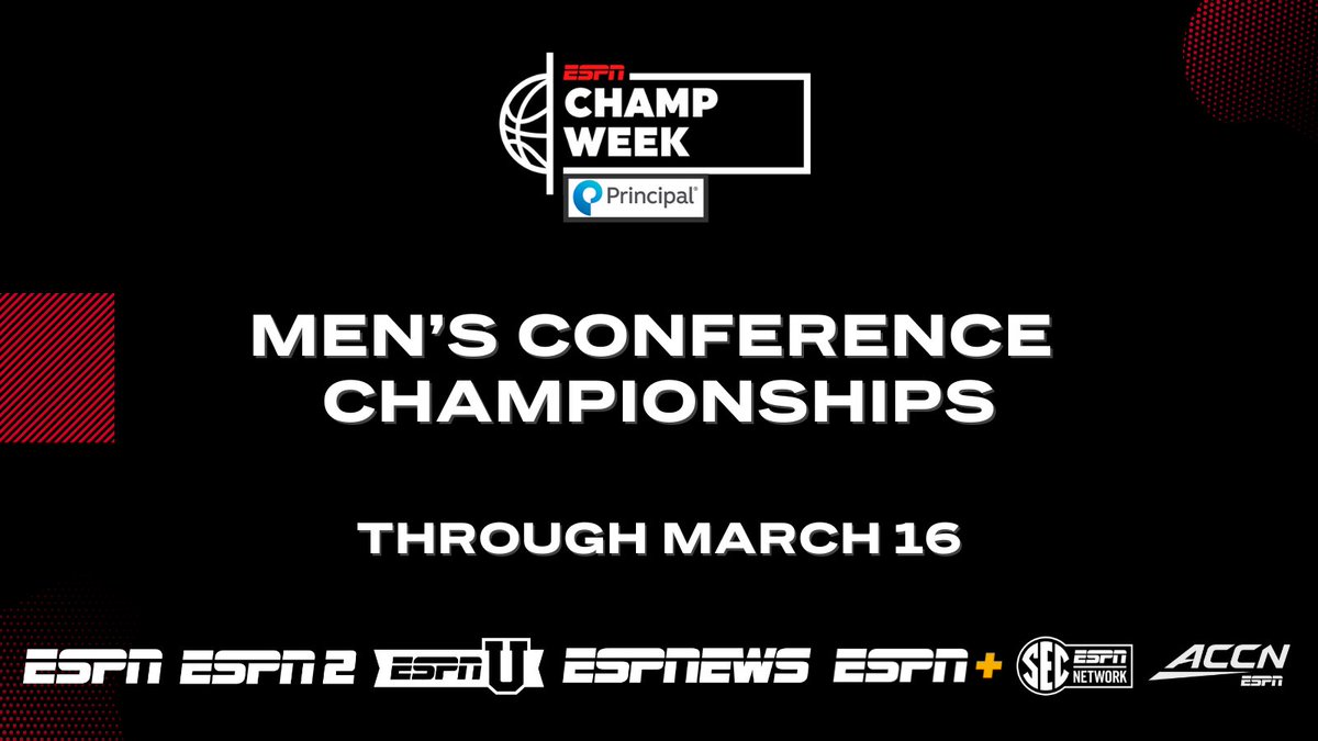 ESPN PR (@espnpr) on Twitter photo #NCAAMBB Champ Week is here!
ย
๐25 conference tournaments in play across ESPN platforms - over 215 games
๐22 D1 Conference Champions to be crowned
๐<a href="/CollegeGameDay/">College GameDay</a> heads to Nashville, Tenn., for a special edition show live from the <a href="/SEC/">Southeastern Conference</a> Tournament
ย
๐ bit.ly/43DNZrt #NCAAMBB Champ Week is here!
ย
๐25 conference tournaments in play across ESPN platforms - over 215 games
๐22 D1 Conference Champions to be crowned
๐<a href="/CollegeGameDay/">College GameDay</a> heads to Nashville, Tenn., for a special edition show live from the <a href="/SEC/">Southeastern Conference</a> Tournament
ย
๐ bit.ly/43DNZrt