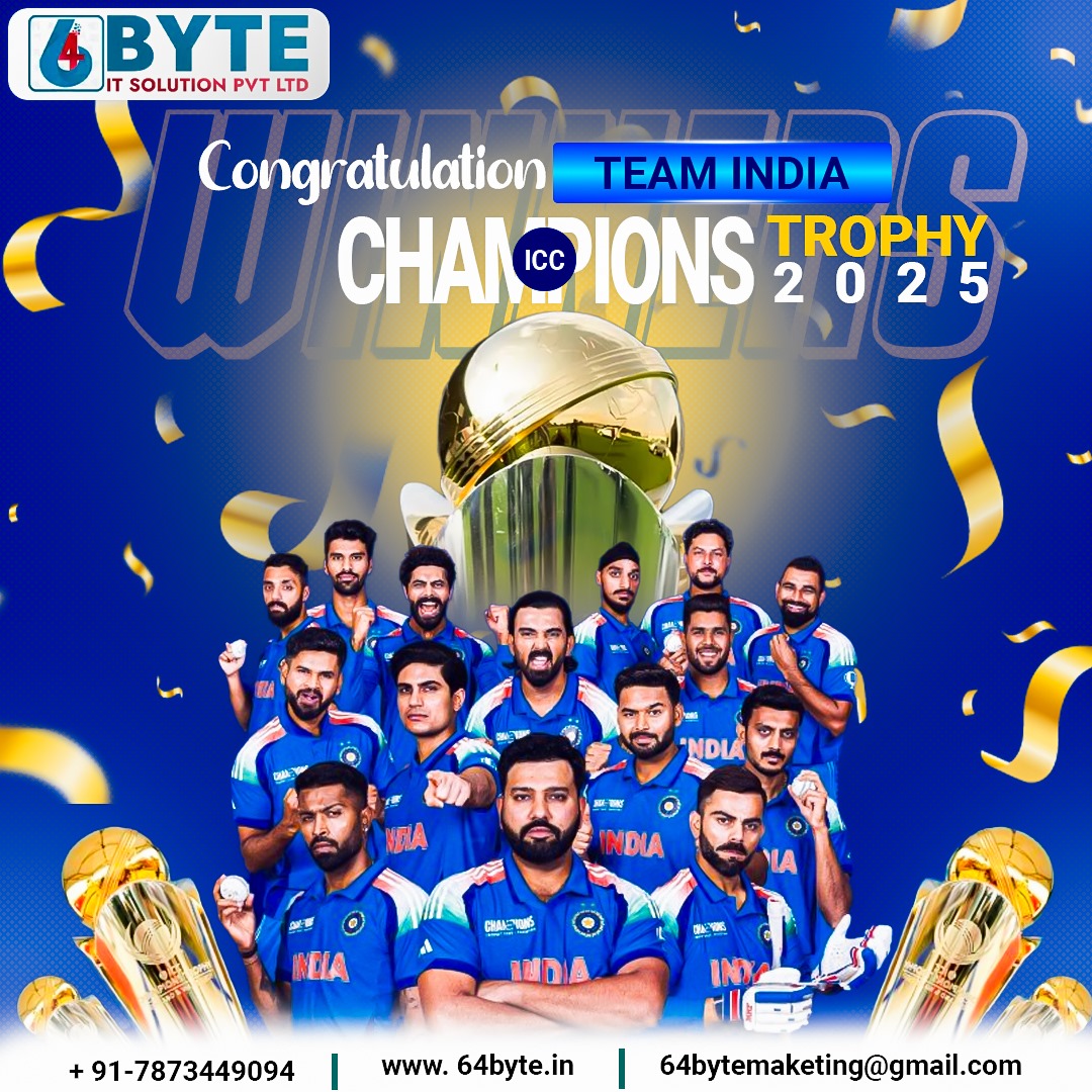 byte_64's tweet photo. 🏆 𝐂𝐨𝐧𝐠𝐫𝐚𝐭𝐮𝐥𝐚𝐭𝐢𝐨𝐧𝐬 𝐓𝐞𝐚𝐦 𝐈𝐧𝐝𝐢𝐚! 🏏🎉 A historic victory in Champions Trophy 2025! 🇮🇳🔥 Your dedication &amp; teamwork inspire us, just like we help brands win digitally! 🚀💯

#ChampionsTrophy2025 #TeamIndia #64ByteITSolution #Victory https://t.co/Kz95dYVDPr