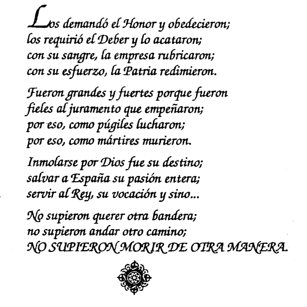 resphispana's tweet photo. «Los demandó el Honor y obedecieron. No supieron morir de otra manera». Poema de la última Cruzada de España en homenaje de los Mártires de la Tradición (1938-39). https://t.co/EJeP7zSkaI