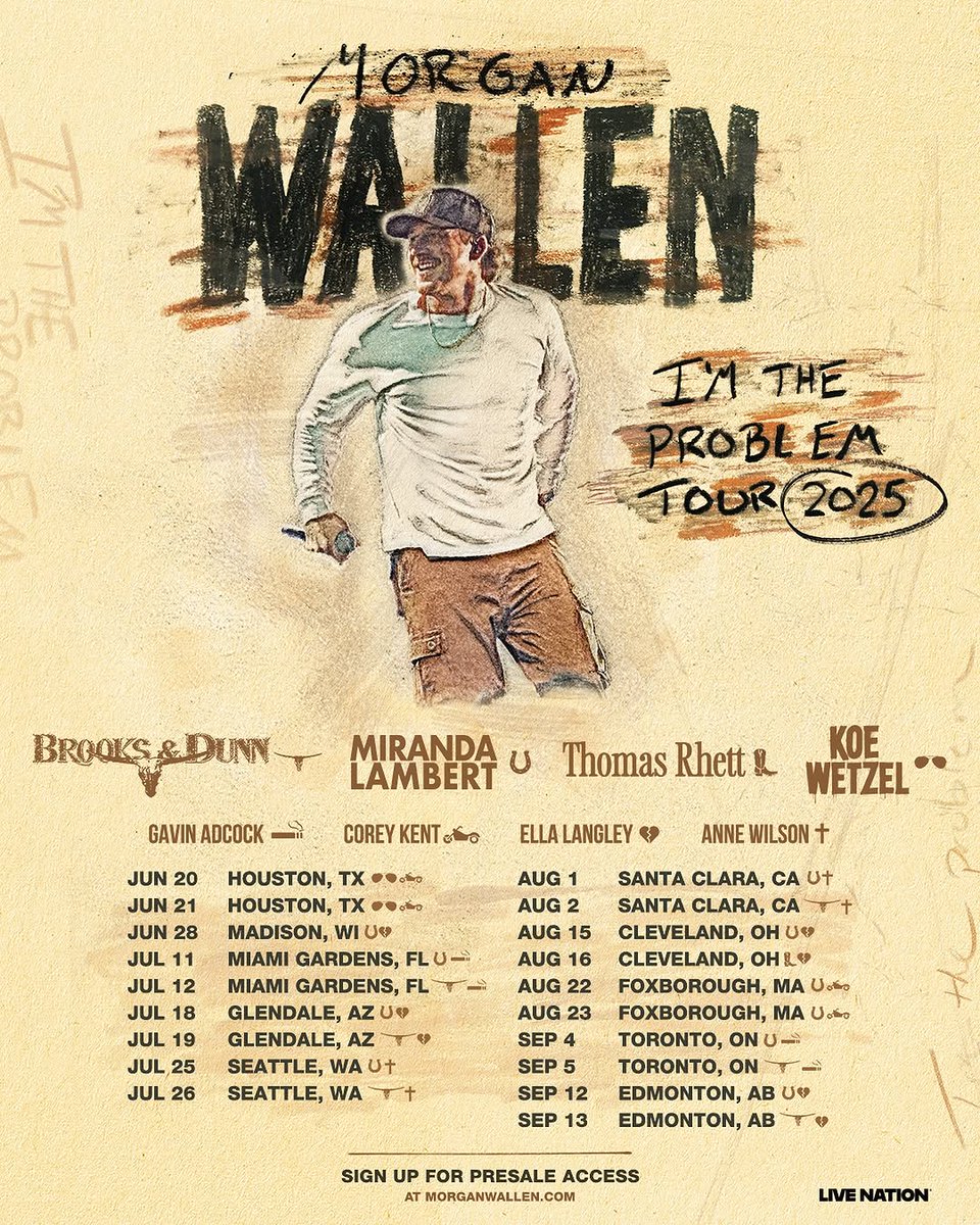 NealAgency_'s tweet photo. Stadiums, we’re BACK! Morgan Wallen takes on 10 cities with his 2025 I'm The Problem Tour! Special guests include Brooks &amp; Dunn, Miranda Lambert, Thomas Rhett, Koe Wetzel, Gavin Adcock, Corey Kent, Ella Langley, and Anne Wilson! https://t.co/ABTSr5r6Vw