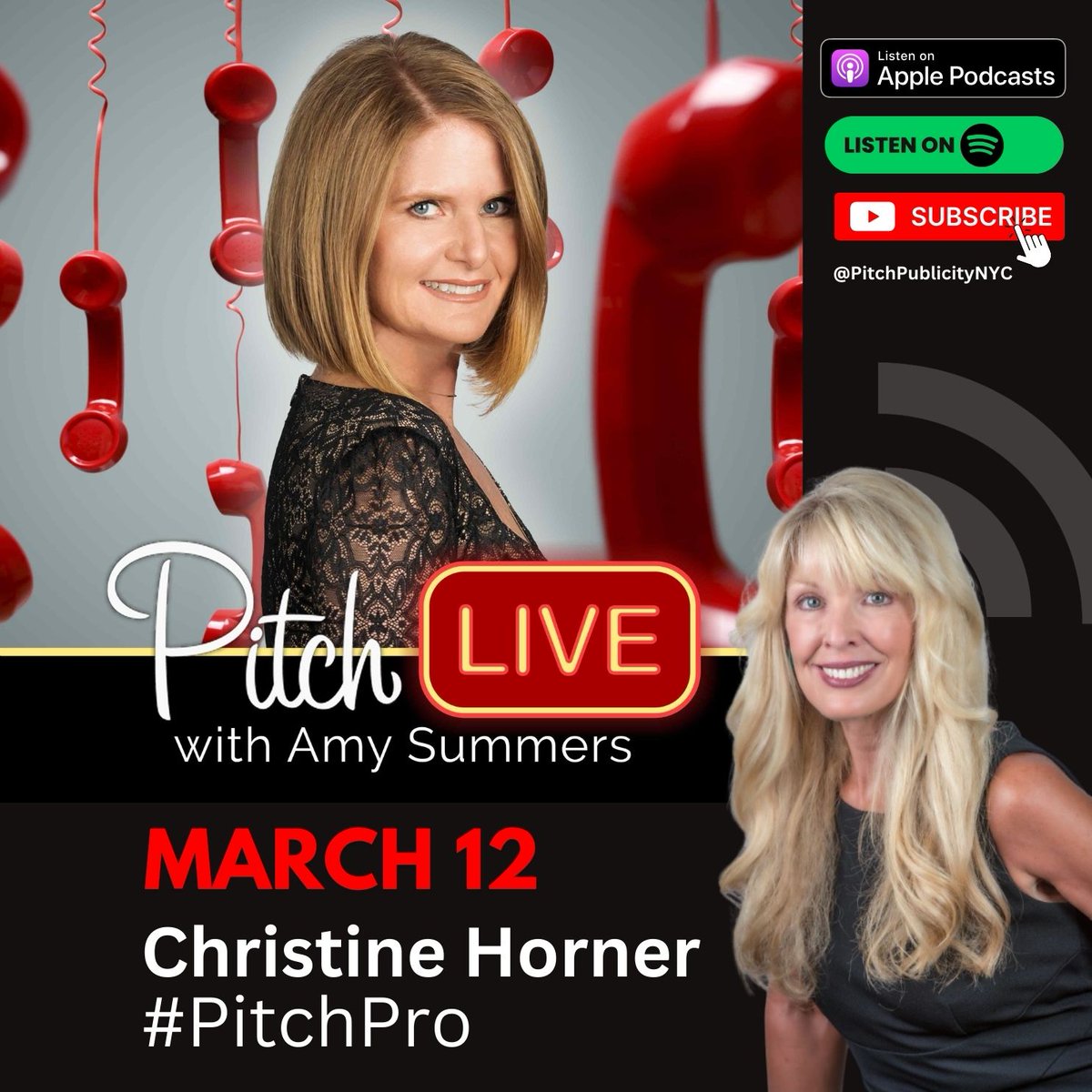 PitchAmy's tweet photo. Be bold and direct 💥#PitchLive with #PitchPro Dr. Christine Horner March 12 on YouTube Podcasts, Apple Podcasts, Spotify, Amazon Music, or wherever you consume podcasts. Gain access to Dr. Horner’s pitching strategies and success stories that prove the power of #ThePitch ☎️🤩 https://t.co/QBc71EGlq1