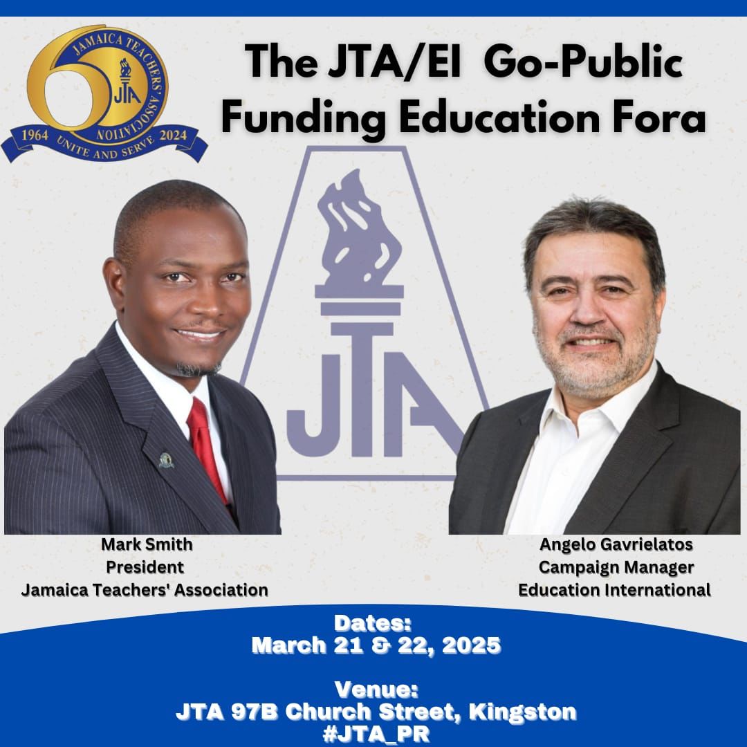 📢 Join the JTA/EI Go-Public Funding Education Fora! 📢
The Jamaica Teachers' Association (JTA) and Education International (EI) invite you to an important discussion on funding education.
🗓 Dates: March 21 &amp; 22, 2025
📍 Venue: JTA, 97B Church Street, Kingston