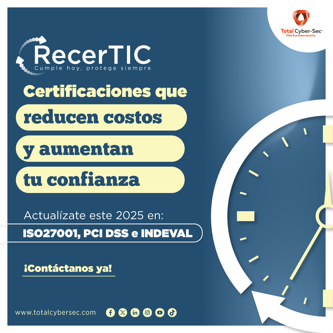 totalcybersec's tweet photo. 🔒 Mantener tus certificaciones al día no solo protege tu empresa, ¡también la hace más eficiente! Con #Recertic, reduce costos, evita sanciones y fortalece la confianza de tus clientes. 🌟
#Ciberseguridad #ISO27001 #PCIDSS #Confianza #ProtecciónDigital https://t.co/eq66S6QqOZ