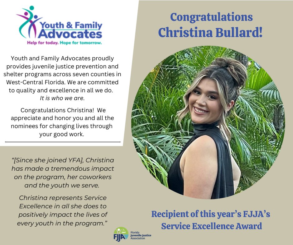 Thank you Christina Bullard for your Service Excellence; this award is well deserved!  We appreciate <a href="/FJJAssociation/">FJJA</a>'s recognition of Ms. Bullard.  

#QualityCare
#excellence
#theyareworthit
#floridajuvenilejustice