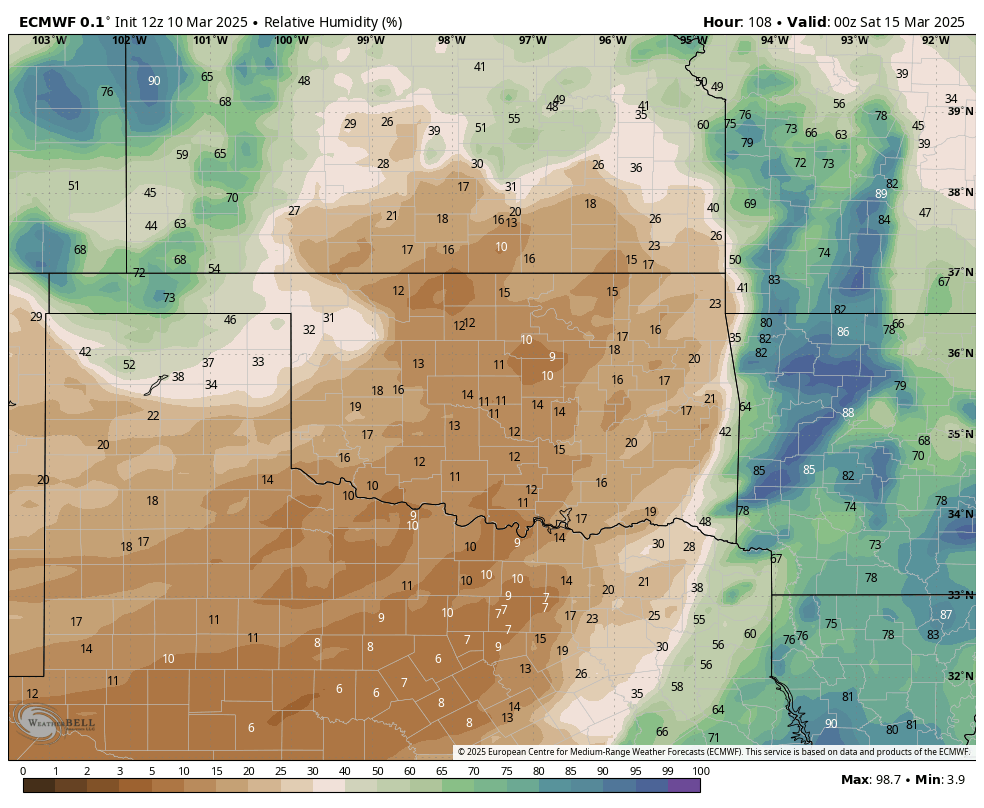 BraxBanksOKWX's tweet photo. Getting very concerned about significant fire weather conditions across Oklahoma for Friday. If the Euro model is any indication, very strong wind gusts and low relative humidity values will combine to create potentially extreme fire weather conditions. Stay tuned! #okwx #okfire https://t.co/HxU7u1X3Te