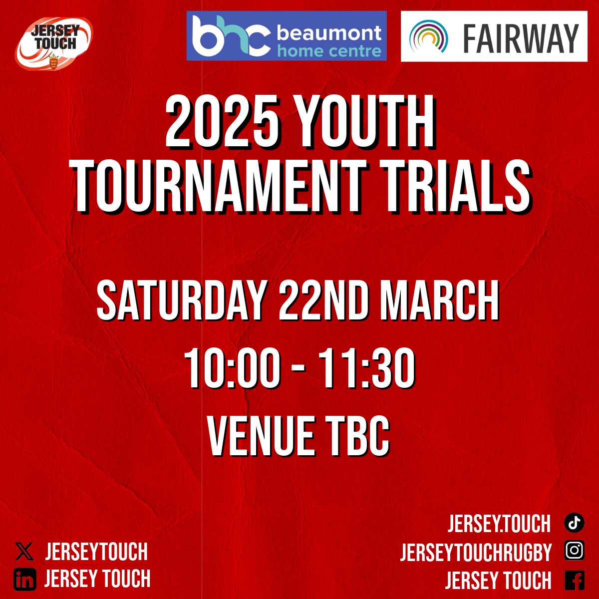 🔊 UNDER 17 &amp; UNDER 14 TRIALS! 🔊

If you’re Year 12 and below and want to represent your island playing touch rugby, join us on Saturday 22nd March at 10am for the first round of trials! 🇯🇪🇯🇪

A venue is still to be confirmed, but watch this space for further information!