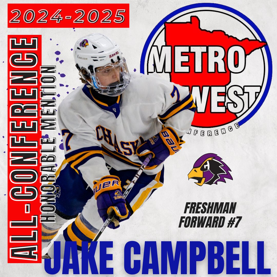 Congratulations to Senior Captain Goalie #29 Tyler Nesheim 2024-25 Metro West All-Conference Award and Honorable Mention Award recipients, Sophomore #8 Donovan Madsen and Freshman #7 Jake Campbell.