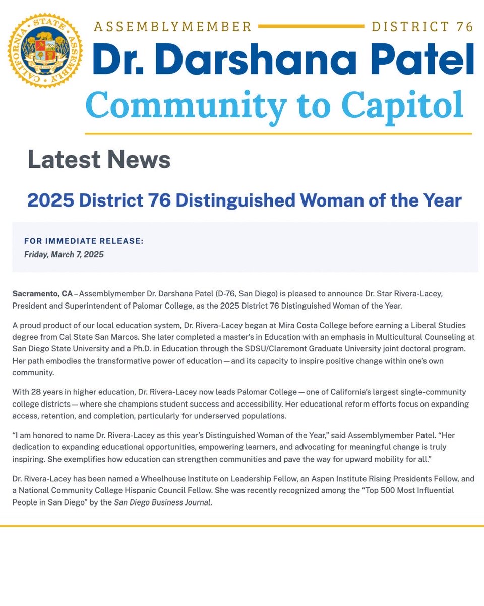 Dr. Darshana Patel (@asmdarshana) on Twitter photo We are thrilled to announce <a href="/palomarcomets/">Palomar College</a>' Dr. Star Rivera-Lacey has been named the 76th Assembly District's #WomanOfTheYear! Her passion, leadership, and commitment to change have touched countless lives. Join us in celebrating her inspiring journey! #CommunityLeader We are thrilled to announce <a href="/palomarcomets/">Palomar College</a>' Dr. Star Rivera-Lacey has been named the 76th Assembly District's #WomanOfTheYear! Her passion, leadership, and commitment to change have touched countless lives. Join us in celebrating her inspiring journey! #CommunityLeader