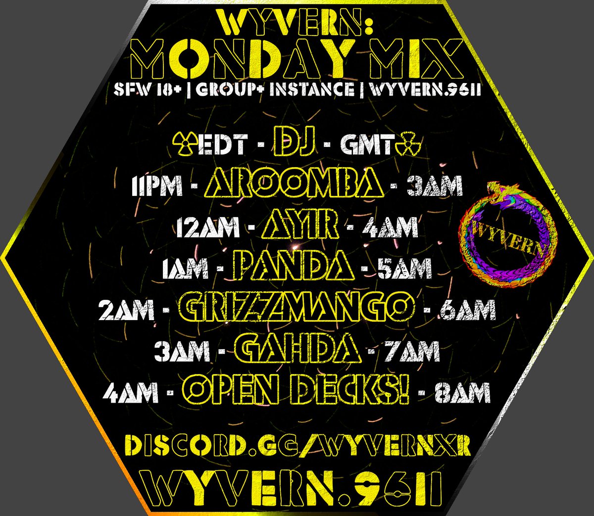 Join us tonight for an Apocalyptically Awesome night!
💛🖤💛🖤💛
18+ (SFW) | Group+ Instance | Mon, March 10th
VRC: vrc.group/WYVERN.9611
Discord: discord.gg/WyvernXR
#VRChat #WyvernXR #Wyvern #Events