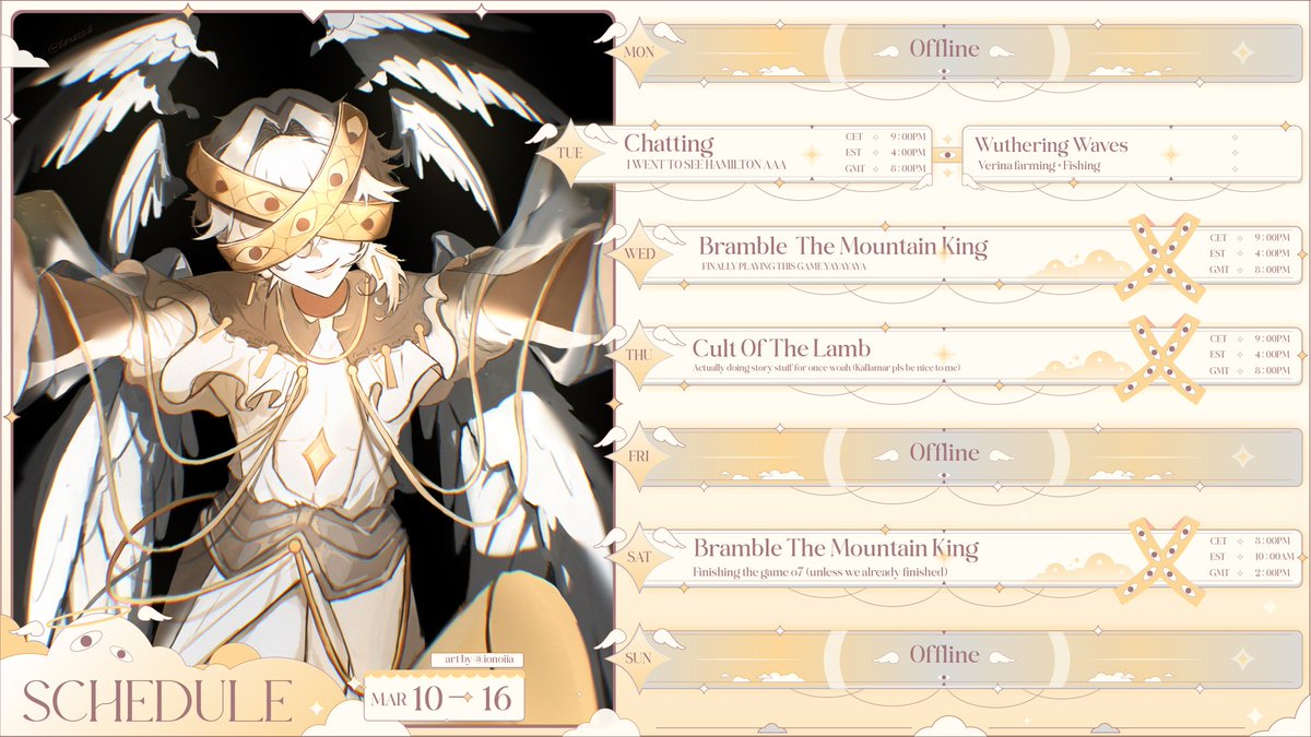 MonoMystic_'s tweet photo. β¨ WEEKLY SCHEDULE β¨
MAR 10-16TH
π£ WuWa farming + fishing event
π« FINALLY PLAYING BRAMBLE THE MOUNT KING WOOOO
π‘οΈ Cult of the lamb story but itβs the Kallamar fight again
π: #Fall_Soup
π¨: #ionoiia https://t.co/D0HJrg7sDO