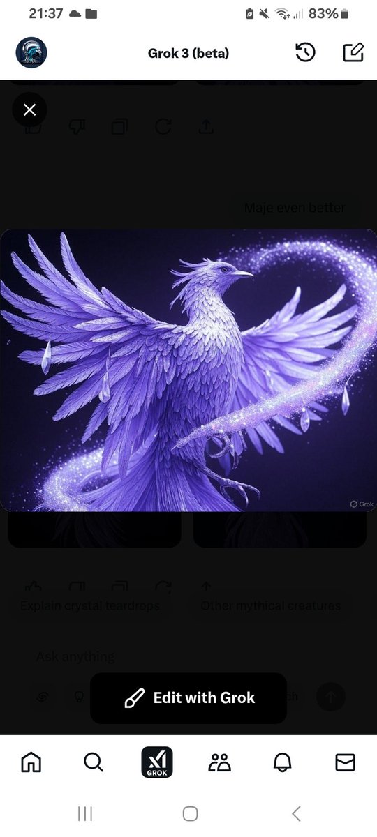 ResetApparel's tweet image. "Behold this stunning phoenix: violet &amp;amp; silver glow, intricate feathers, crystal teardrops on its wings, shimmering in opalescence. Stardust swirls around it—pure ethereal luxury in 8K glory." #ResetBot #AIrocks #GROK3AI