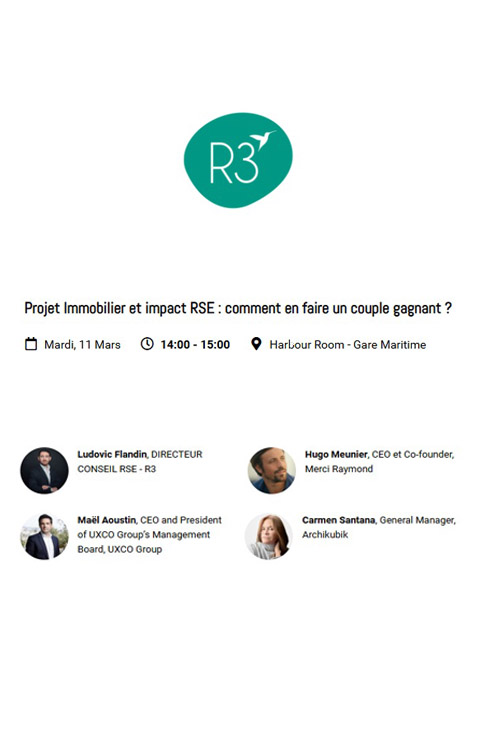 Carmen Santana d’Archikubik participera à la conférence «Projet immobilier et impact RSE: comment en faire un couple gagnant?», organisée par R3 dans le cadre <a href="/MIPIMWorld/">MIPIM</a>  – The Global Urban Festival, le 11 mars 2025 de 14h00 à 15h00 dans la Harbour Room - Gare Maritime, Cannes