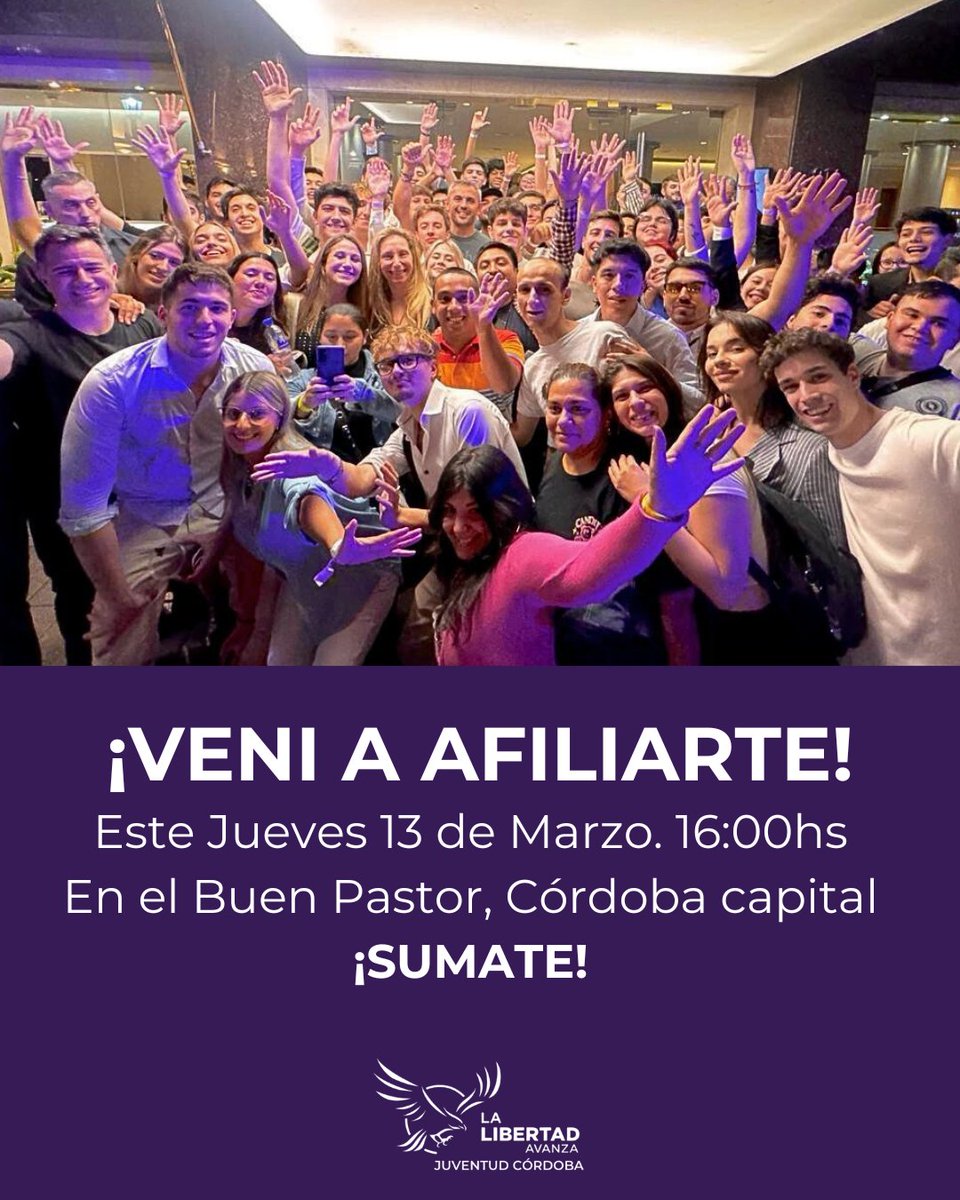 🇦🇷📢 ¡Sumate a La Libertad Avanza! 📢🇦🇷

📍 Te esperamos este jueves en El Buen Pastor a las 16:00 hs para afiliarte y sumarte a la verdadera batalla cultural, por una Argentina más grande y más libre!⚡

#LaLibertadAvanza #VLLC 
Sumate: lalibertadavanza.com.ar/sumate
