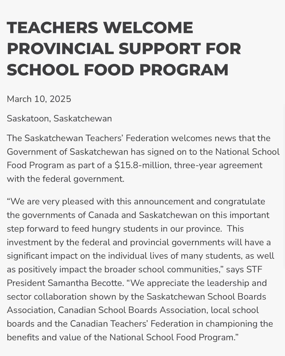 📣 NEWS RELEASE: The STF welcomes news that the Government of Saskatchewan has signed on to the National School Food Program as part of a $15.8-million, three-year agreement with the federal government.

Read the full news release: tinyurl.com/yh8b52ts