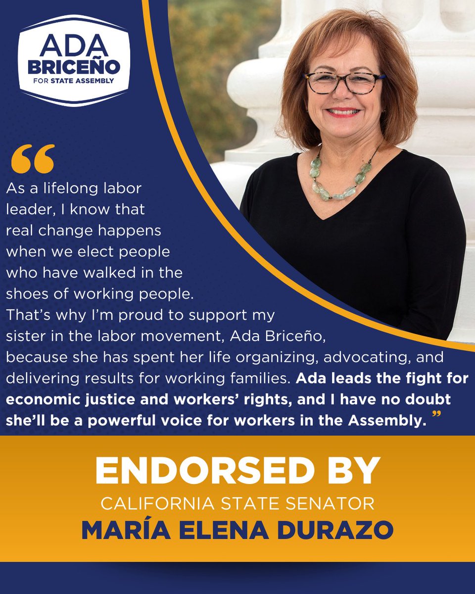 So grateful to my mentor and sister in the labor movement, the incomparable Senator <a href="/MariaEDurazo/">María Elena Durazo</a>, for her endorsement! 

I look forward to fighting alongside her for working families here in #AD67 and across California. Let’s do this!