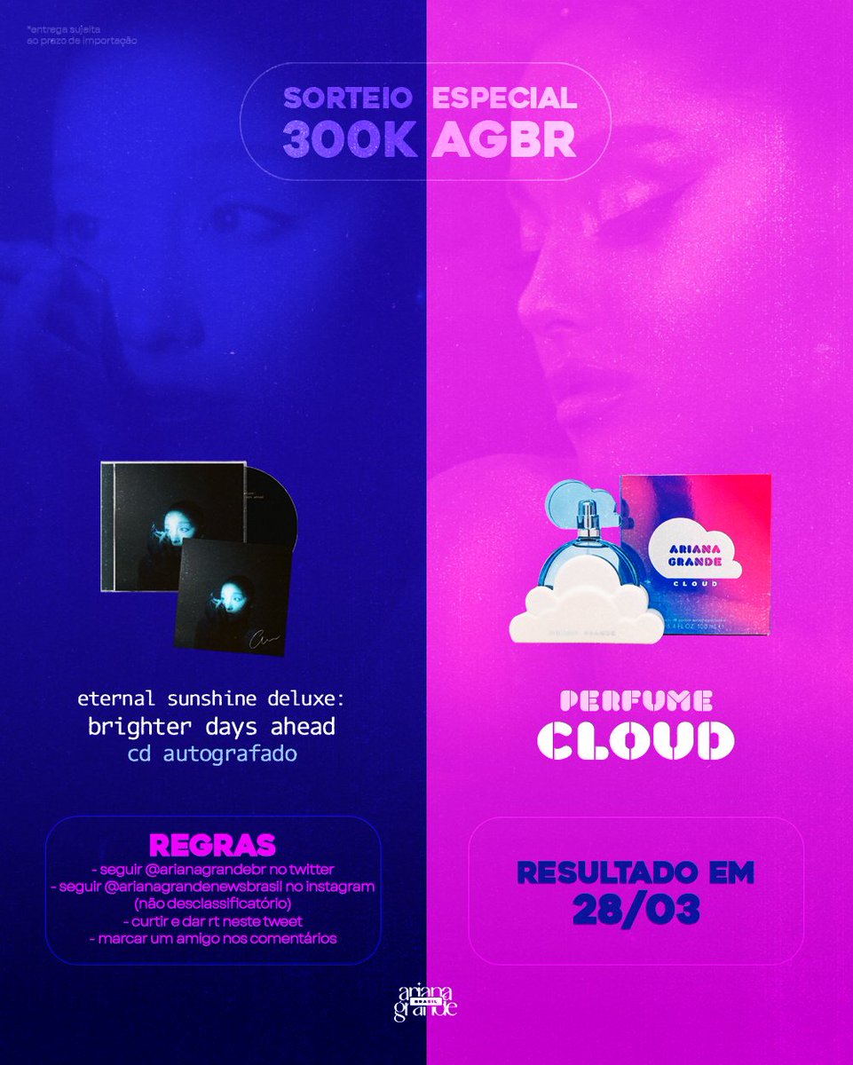 arianagrandebr's tweet image. ∞ ☼｡° . ⋆ SORTEIO ESPECIAL 300K DO AGBR 𖦹 ☼ ⋆｡˚⋆ฺ

O tigrinho soltou a carta! Como agradecimento pelos 300 mil seguidores, premiaremos dois ganhadores com um CD eternal sunshine deluxe AUTOGRAFADO ou um perfume CLOUD.

Para participar:

· Siga @arianagrandebr no Twitter;…