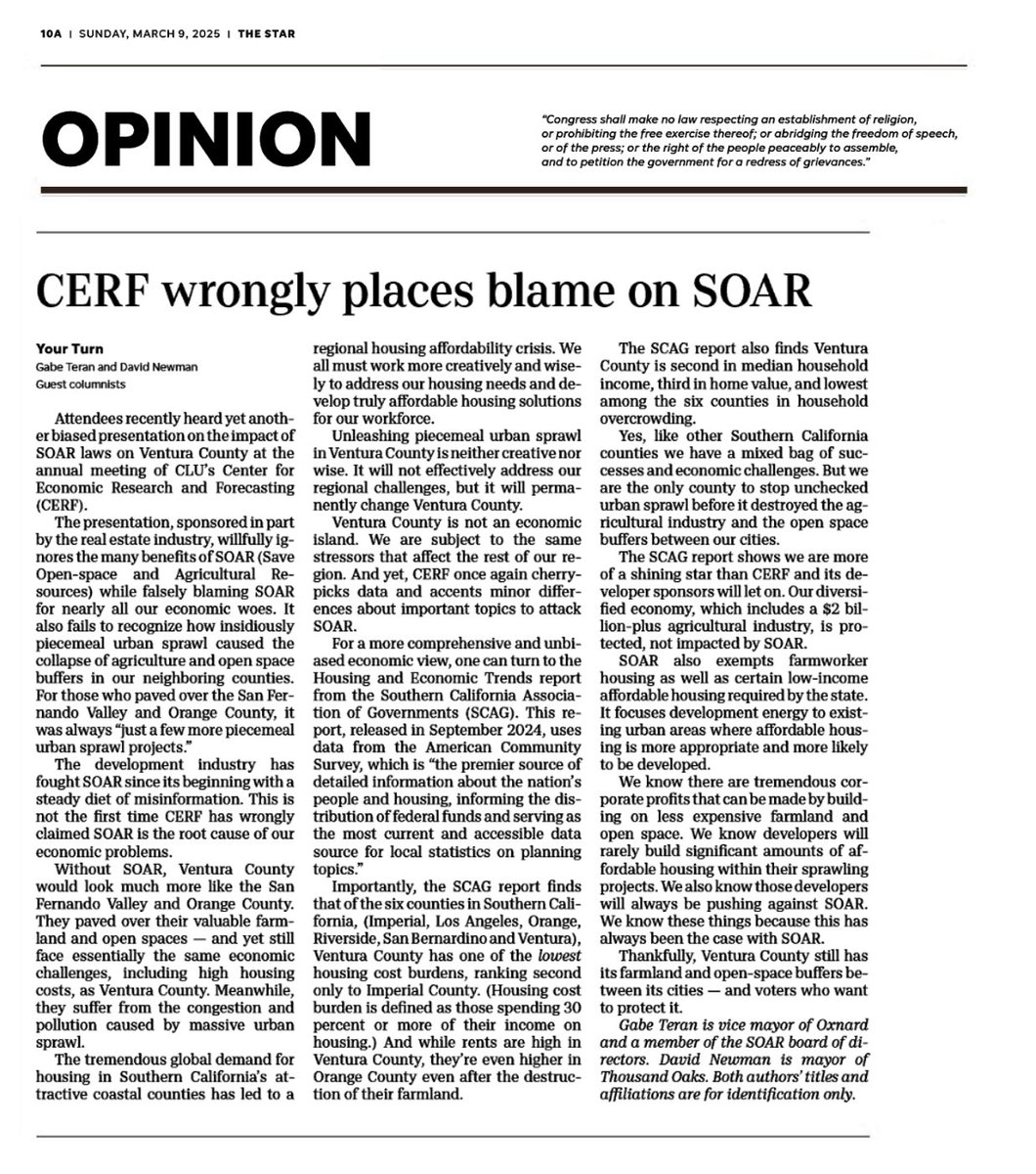 SOARVC (@soarvc) on Twitter photo Excellent piece by Gabe Teran & David Newman! They present unbiased research that debunks the anti-SOAR CERF group’s housing report. Turns out Ventura County isn’t the economic anomaly CERF purports, though we do stand out for saving agricultural lands & the buffers between our Excellent piece by Gabe Teran & David Newman! They present unbiased research that debunks the anti-SOAR CERF group’s housing report. Turns out Ventura County isn’t the economic anomaly CERF purports, though we do stand out for saving agricultural lands & the buffers between our