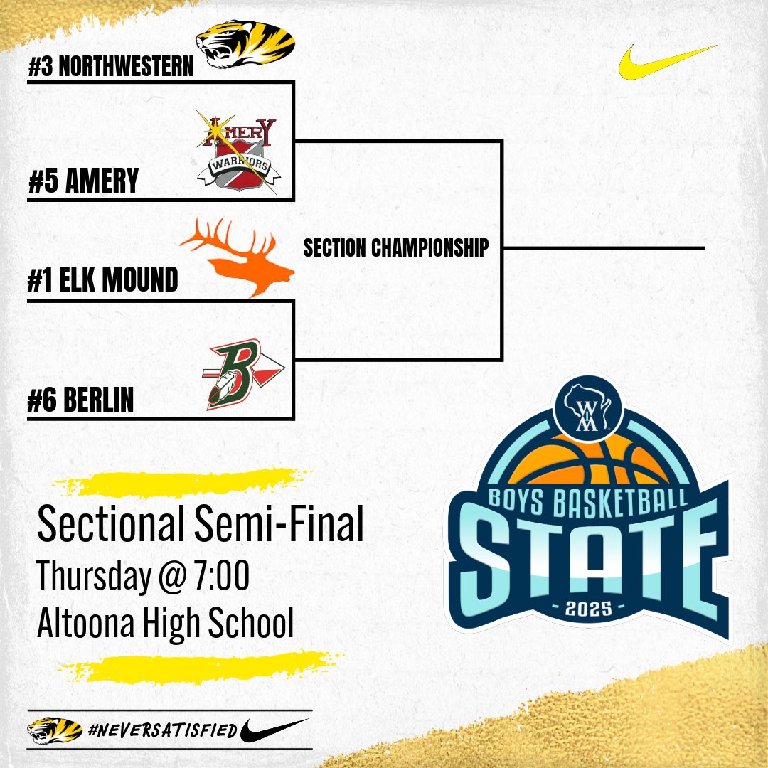 ‼️LOCATION CHANGE‼️

On Thursday we will take on the Amery Warriors at Altoona high school. The original sectional site was posted as Amery. 

Tickets will be available online through GoFan when the link is received.

#FAMILY
#NEVERSATISFIED
#GOTIGERS