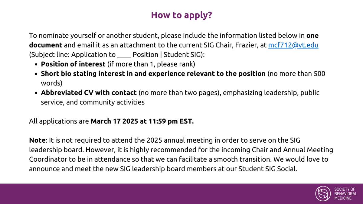 SBM Students (@sbmstudents) on Twitter photo We’re recruiting for the 2025-2026 Student SIG Board! Apply by March 17 by emailing your application packet to the current chair, Frazier, at mcf712@vt.edu. See more information in the images.
#SBM2025 #SBMStudents #BehavMed We’re recruiting for the 2025-2026 Student SIG Board! Apply by March 17 by emailing your application packet to the current chair, Frazier, at mcf712@vt.edu. See more information in the images.
#SBM2025 #SBMStudents #BehavMed