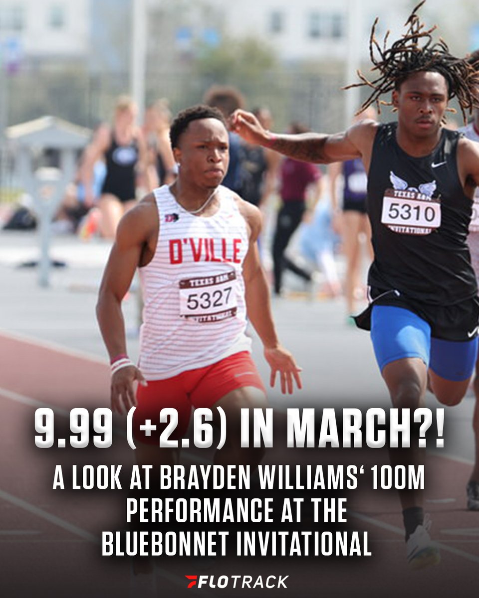 FloTrack's tweet photo. 9.99 (+2.6) in March is wild...👀

We took a deep dive into the 100m performance from Duncanville (TX) senior and @UGATrack commit Brayden Williams this past weekend at the Texas A&amp;M Bluebonnet Invitational.

📰: https://t.co/sl72lsPiiz

@milesplit | @TXMileSplit https://t.co/RqNTKYRS2A