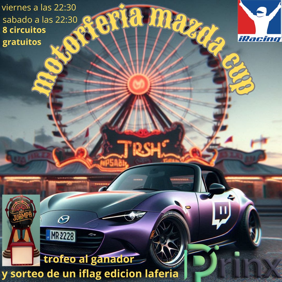 Tenemos motorferia para este finde 

🏆Premio, trofeo y diversión 😊

8 circuitos gratuitos 
Viernes a las 22:30 - 4 circuitos 
Sábado a las 22:30 -4 circuitos
Coche : Mazda 
Práctica-10min-qualy 10min-carreras20min  

Regístrate en discord 
discord.gg/mHDmRVWQ