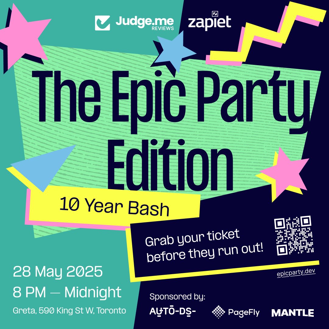 Thank you to <a href="/AutoDsTools/">AutoDS</a>, <a href="/pageflyapp/">PageFly</a> and <a href="/heymantle/">Mantle</a> for sponsoring the <a href="/judgeme_reviews/">Judge.me ⭐️</a> <a href="/zapiet/">Zapiet</a> Epic Party Edition!

Tickets are running out, get yours soon!