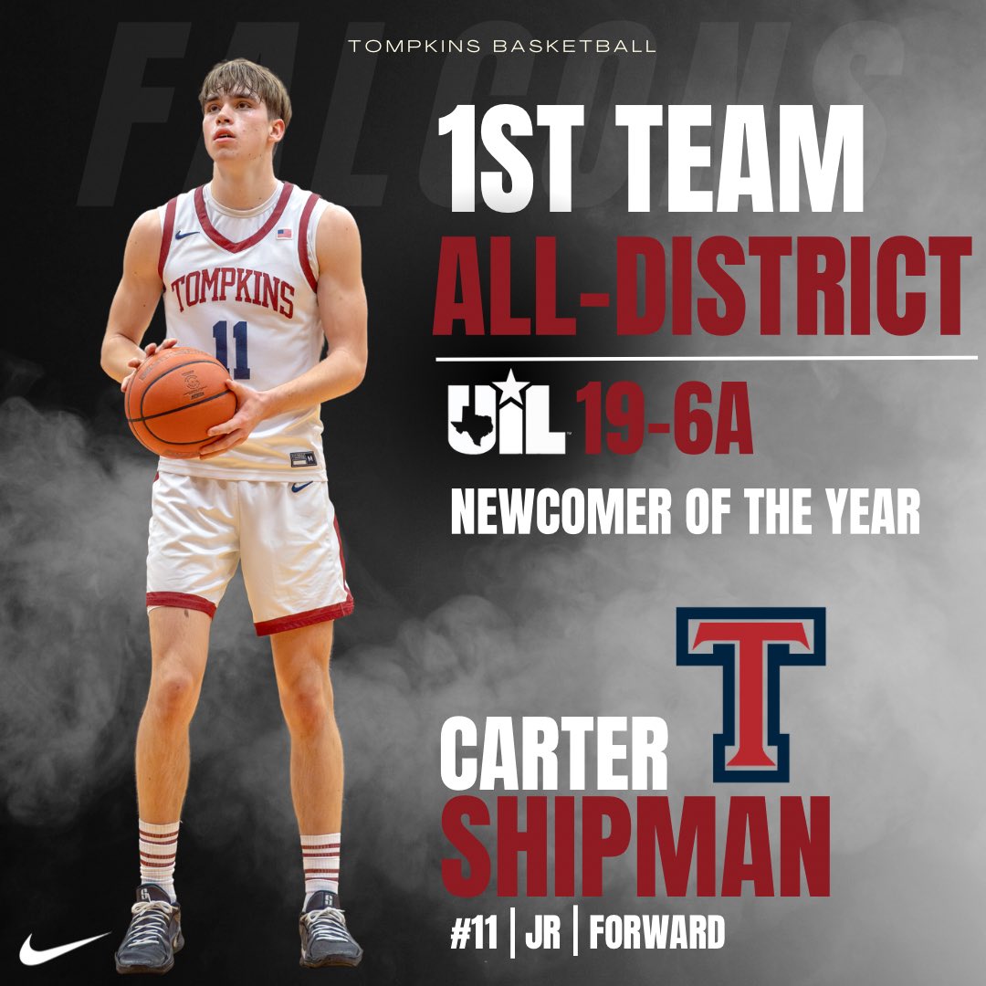 TOMPKINS BASKETBALL (@tompkinshoops) on Twitter photo Congratulations to Carter Shipman on being selected 19-6A 1st Team All-District & Co-Newcomer of the Year! We are so proud of you! <a href="/CarterShipman1/">Carter Shipman</a> <a href="/TompkinsHS/">Tompkins High School</a> <a href="/1falconfanatics/">Falcon Fanatics</a> Congratulations to Carter Shipman on being selected 19-6A 1st Team All-District & Co-Newcomer of the Year! We are so proud of you! <a href="/CarterShipman1/">Carter Shipman</a> <a href="/TompkinsHS/">Tompkins High School</a> <a href="/1falconfanatics/">Falcon Fanatics</a>
