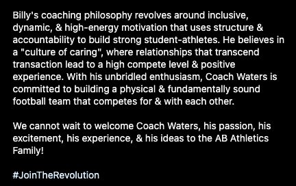 𝐓𝐇𝐄 𝐍𝐄𝐗𝐓 𝐂𝐇𝐀𝐏𝐓𝐄𝐑 𝐎𝐅 𝐀𝐁 𝐅𝐎𝐎𝐓𝐁𝐀𝐋𝐋!⁣ 
Please welcome 𝘉𝘪𝘭𝘭𝘺 𝘞𝘢𝘵𝘦𝘳𝘴 as our next Vars FB Coach! His energy &amp; enthusiasm are unmatched - building high character student-athletes &amp; elevating the experience for ALL in the community! #JoinTheRevolution