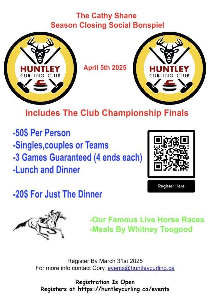 Looking for yet another reason to spend your Saturday curling??? Come on out to the Cathy Shane Season Closing Social Bonspiel April 5th!!  🚨🚨Also featuring the Club Championship finals, which was a real nail bitter last year, so don’t miss out!!

👇🏻👇🏻👇🏻See details below👇🏻👇🏻👇🏻