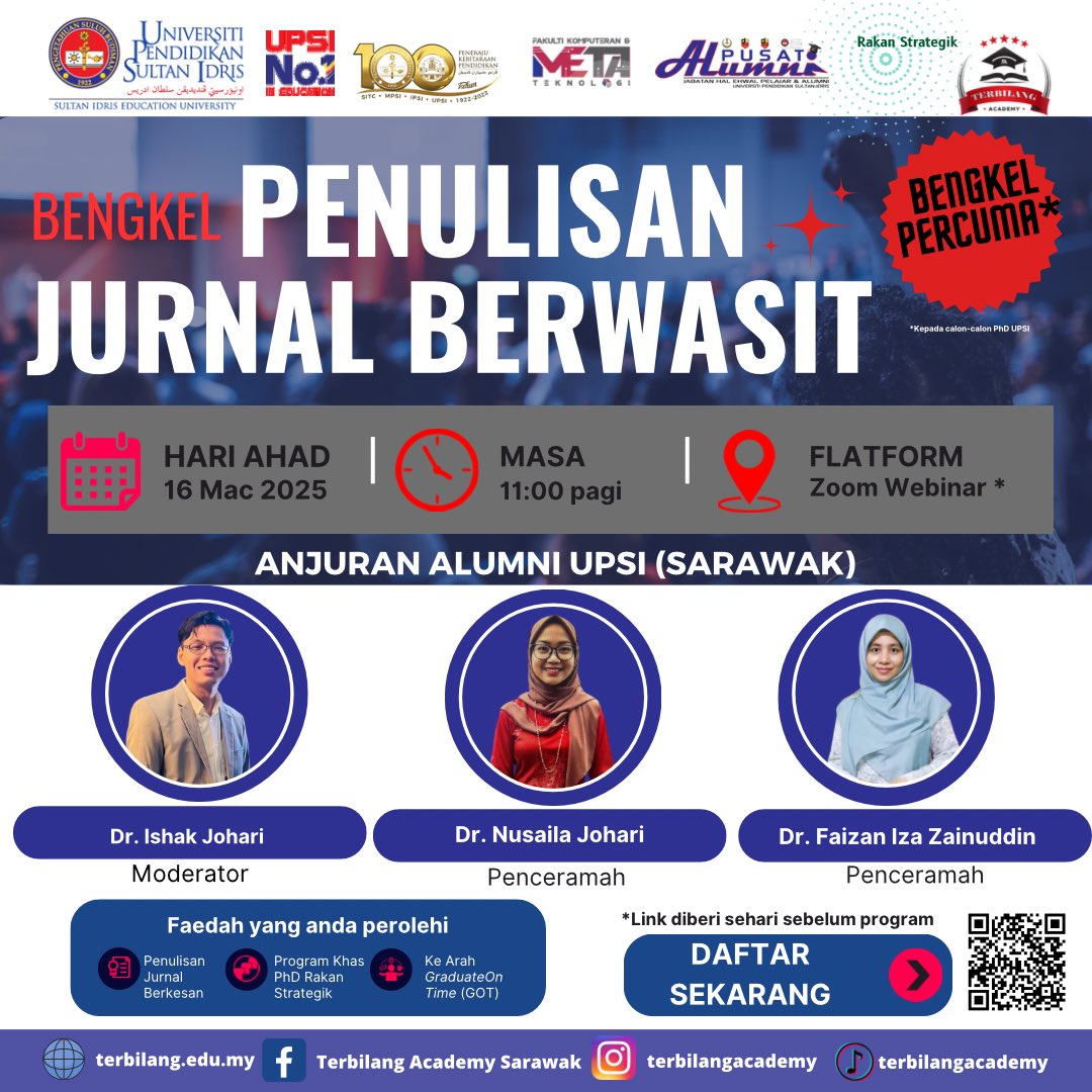 TerbilangAcdemy's tweet photo. Jemputan Bengkel Penulisan Jurnal Berwasit
(Persediaan Memenuhi Syarat Graduasi) 

🗓️Tarikh: 16 Mac 2025 (Ahad)
⏰ Masa: 11.00 pagi 
💻 Flatform: Applikasi Zoom Online (Link akan diberi sehari sebelum program)

📌 Penyertaan daftar di link:
🔗 https://t.co/5eEKO0elCZ https://t.co/TaRjRge9UQ