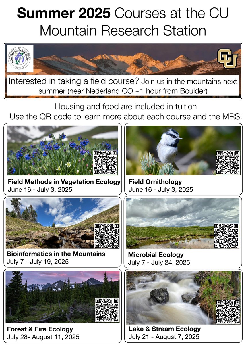 INSTAAR 🏳️🌈 (@instaar) on Twitter photo Enroll now: UNDERGRAD SUMMER FIELD COURSES <a href="/CUBoulder/">CU Boulder 🦬</a>'s Mountain Research Station
🌱 Vegetation
🦅 Birds
🧬 Bioinformatics
🦠 Microbes
🚣♀️ Lakes+streams
🌲 Forests+fire
Each 2-3 wks, 3 transferable credits, 15 students/class, lodging&food included w tuition
colorado.edu/instaar/2025/0… Enroll now: UNDERGRAD SUMMER FIELD COURSES <a href="/CUBoulder/">CU Boulder 🦬</a>'s Mountain Research Station
🌱 Vegetation
🦅 Birds
🧬 Bioinformatics
🦠 Microbes
🚣♀️ Lakes+streams
🌲 Forests+fire
Each 2-3 wks, 3 transferable credits, 15 students/class, lodging&food included w tuition
colorado.edu/instaar/2025/0…