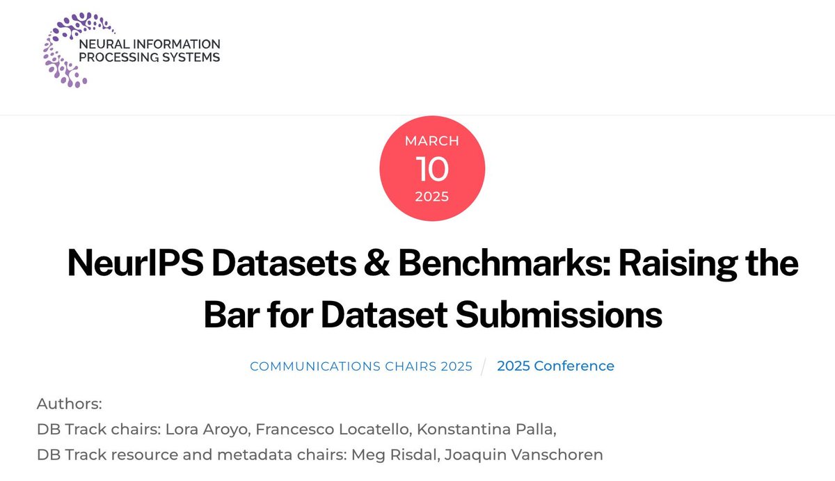 meg.ai 🇨🇦 (@meganrisdal) on Twitter photo The <a href="/NeurIPSConf/">NeurIPS Conference</a> 2025 Datasets & Benchmarks track CFP is open! Good datasets are essential to progress in AI so I'm thrilled to be a co-chair this year and with my fellow colleagues share some improvements to the submission and review process that raise the bar for standards of The <a href="/NeurIPSConf/">NeurIPS Conference</a> 2025 Datasets & Benchmarks track CFP is open! Good datasets are essential to progress in AI so I'm thrilled to be a co-chair this year and with my fellow colleagues share some improvements to the submission and review process that raise the bar for standards of