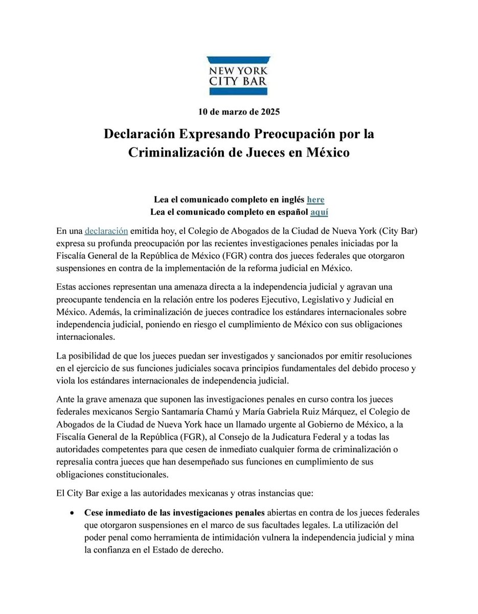 FranciscoBurgoa's tweet photo. El Colegio de Abogados de la Ciudad de Nueva York (City Bar) expresa su profunda preocupación por las recientes investigaciones iniciadas por la FGR contra dos jueces federales que otorgaron suspensiones en contra de la implementación de la reforma judicial en México: https://t.co/f2PMqT9ZBf