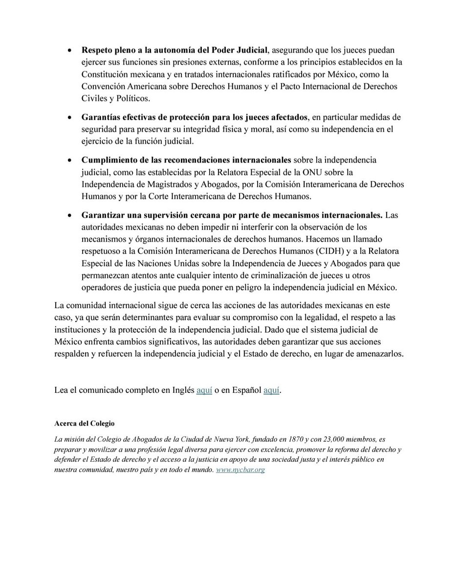 FranciscoBurgoa's tweet photo. El Colegio de Abogados de la Ciudad de Nueva York (City Bar) expresa su profunda preocupación por las recientes investigaciones iniciadas por la FGR contra dos jueces federales que otorgaron suspensiones en contra de la implementación de la reforma judicial en México: https://t.co/f2PMqT9ZBf