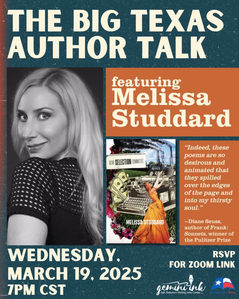 Join us for a live Zoom conversation with award-winning author Melissa Studdard on Wednesday, March 19th, 2025, at 7 PM CST. We'll be discussing her new book, "Dear Selection Committee." Secure your virtual seat by RSVPing at: bit.ly/41Ihrv7 #VirtualReading #AuthorEvent