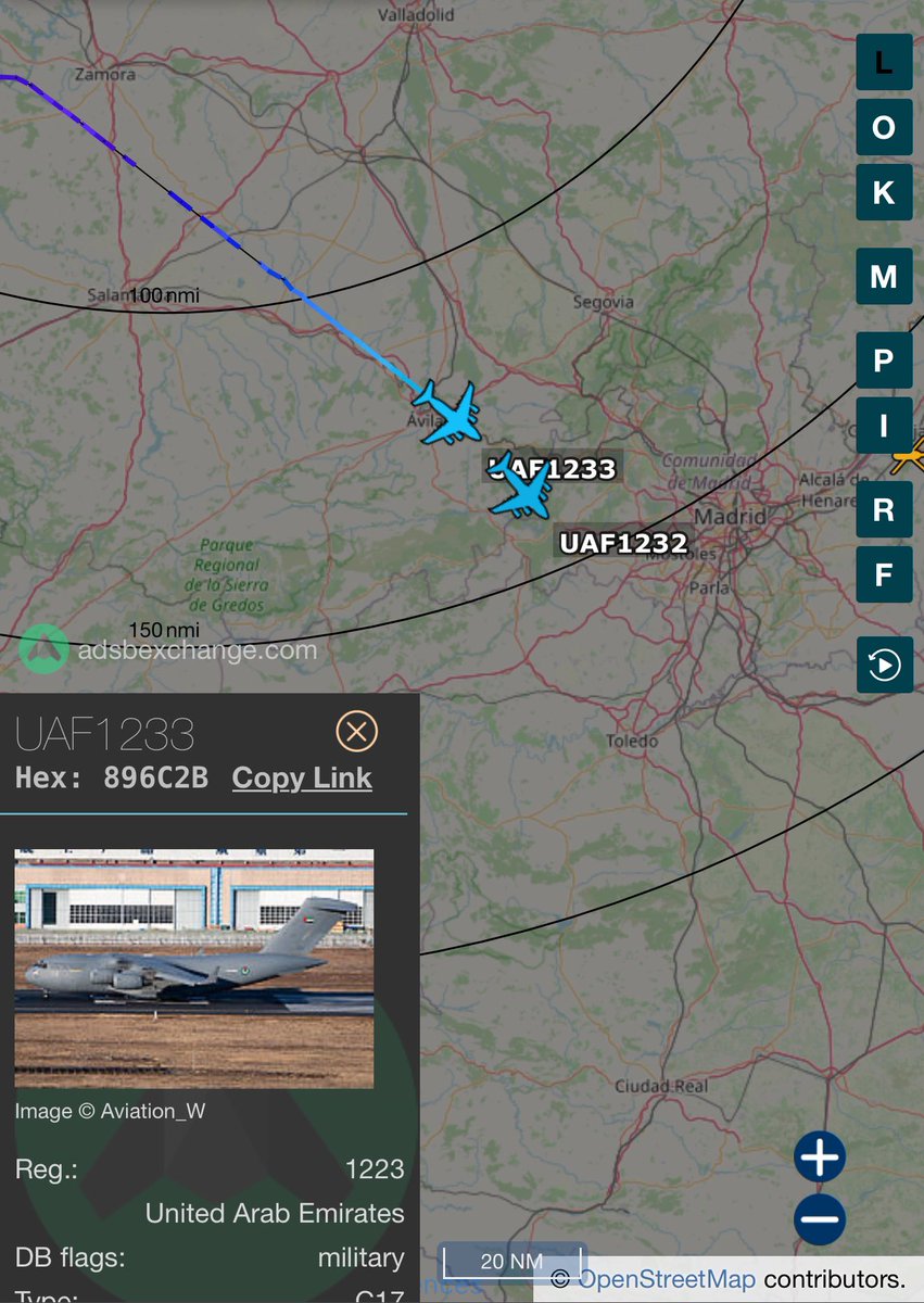 AvistamientosA's tweet image. 🔴 2x Boeing C-17A Globdmaster III (1223 y 1225) de la Fuerza Aérea de los Emiratos Árabes Unidos 🇦🇪 “UAF1233” y “UAF1232” sobre #Madrid en aproximación a la 18R del aeropuerto de Madrid - Barajas #LEMD o a la 22 de la base aérea de Torrejón de Ardoz #LETO