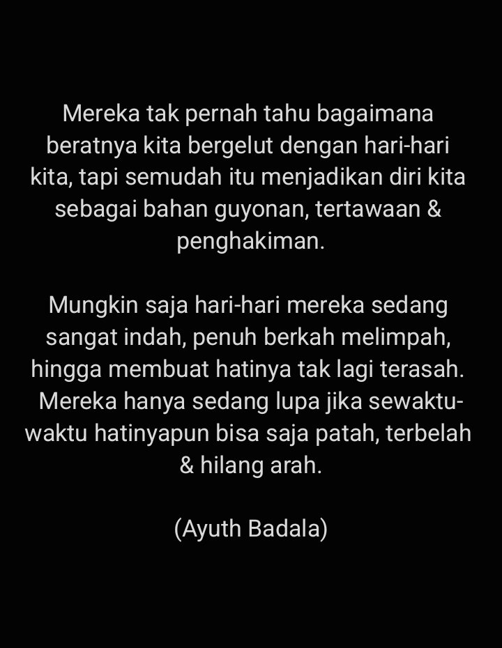 AyuthBadala's tweet photo. "Fokus pada diri, abaikan suara yang tak berarti"

[ Ridwan Kamil Kim Soohyun #PersibDay Mama Dedeh #WONYOUNGtoParis #indonesiaidol #DestinyclinicPerthSanta Rara Sulli #BooolehTaU Eror ] https://t.co/O8F9JW78B4